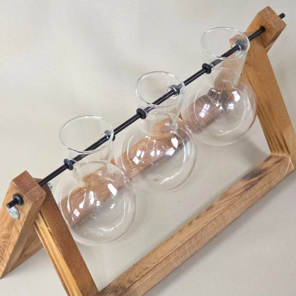 Plant Propagation Station 3 Bulb Glass Vases Burnt Wood Stand Terrarium